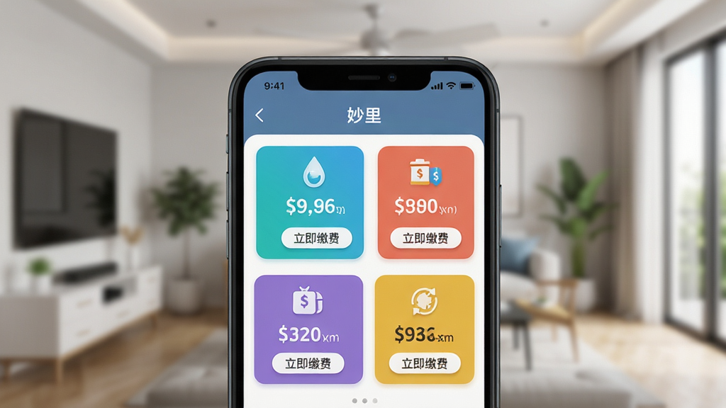 展示“妙里”应用内生活缴费界面的场景,主体为手机屏幕特写,屏幕上显示电费、水费、燃气费等彩色图标卡片,布局为网格状,每张卡片上都有对应的费用金额和“立即缴费”按钮,背景为模糊的现代家庭环境,风格为写实与UI结合,细节清晰,画质干净,无多余元素