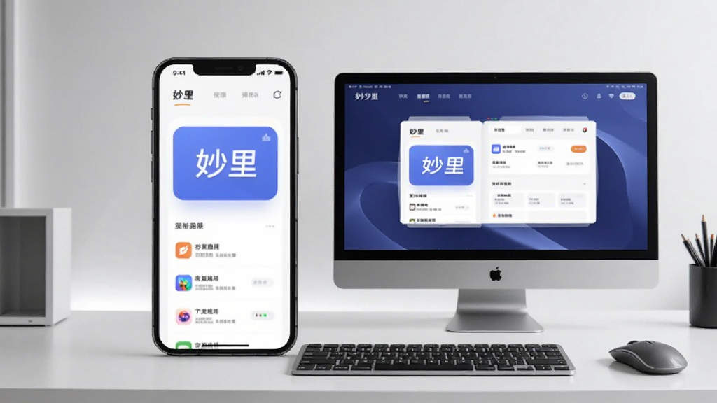 主体为一部手机和一台电脑并排放置在桌面上,手机屏幕和电脑屏幕均显示“妙里”应用的界面,布局为左右对称,风格为现代科技感,背景为简约的办公桌,细节包含键盘和鼠标,画质干净,无多余元素