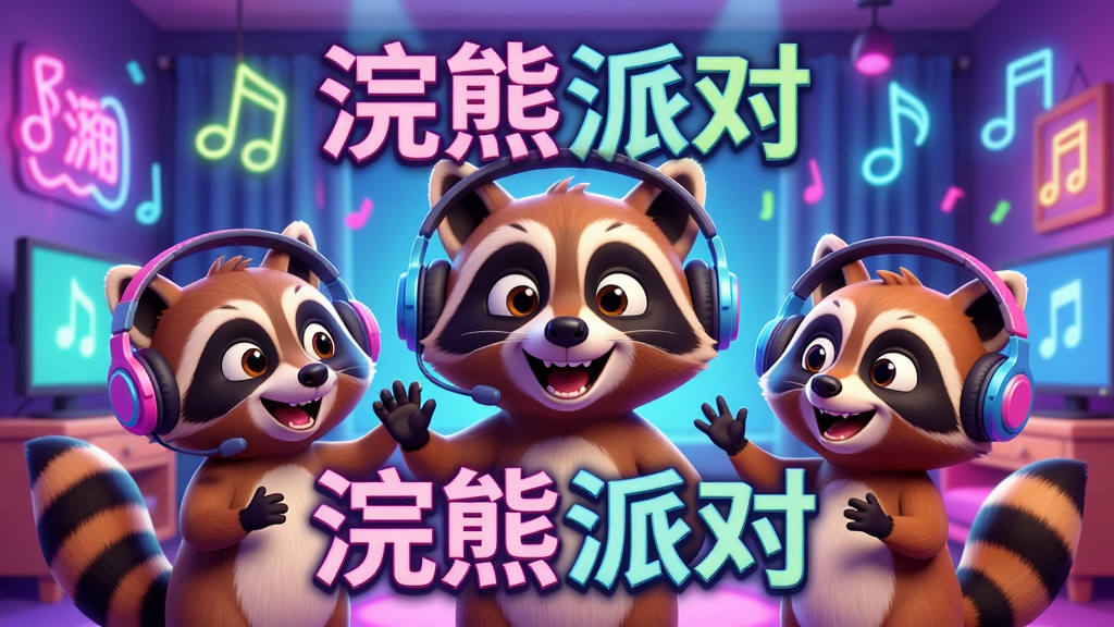 一幅充满活力与欢乐氛围的3D卡通风格宣传海报,主视觉是几只憨态可掬的浣熊戴着耳机,在色彩斑斓的虚拟派对房间中开心互动,背景有闪烁的霓虹灯和音符元素,整体画面明亮,细节丰富,画质高清,干净无多余元素,突出“浣熊派对”的社交娱乐属性