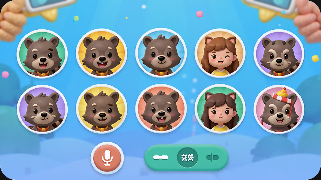 浣熊派对APP的语音聊天室界面预览图,展示多人语音头像排列在屏幕中央,底部有麦克风开关和音效控制按钮,界面设计圆润活泼,色彩明快,画质干净,无多余元素
