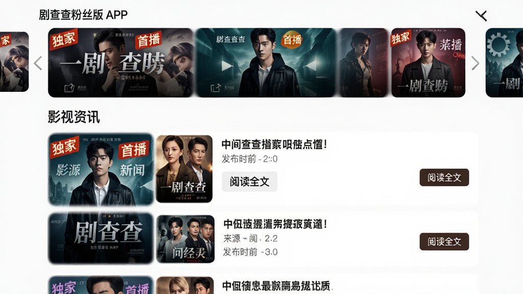 主体:剧查查粉丝版APP的“影视资讯”界面,展示最新剧集海报和新闻标题。布局:顶部为轮播图,下方为信息流列表。排版:卡片式布局,每张卡片包含海报、标题、来源和发布时间。风格:时尚杂志风,图文并茂,视觉冲击力强。细节:海报上标注“独家”、“首播”等标签,有“阅读全文”按钮。画质:高清,色彩饱满,干净无多余元素。