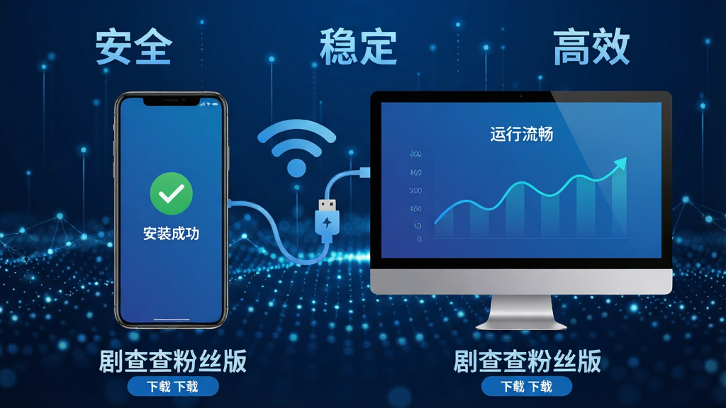 主体:手机和电脑并排展示剧查查粉丝版界面,周围有“安全”、“稳定”、“高效”等字样。布局:左手机右电脑,中间有WiFi和数据线图标连接。排版:设备下方有“剧查查粉丝版”文字和下载按钮。风格:科技蓝调,专业严谨,背景为光点网络。细节:手机屏幕显示“安装成功”对勾,电脑屏幕显示“运行流畅”图表。画质:高清,干净无多余元素。