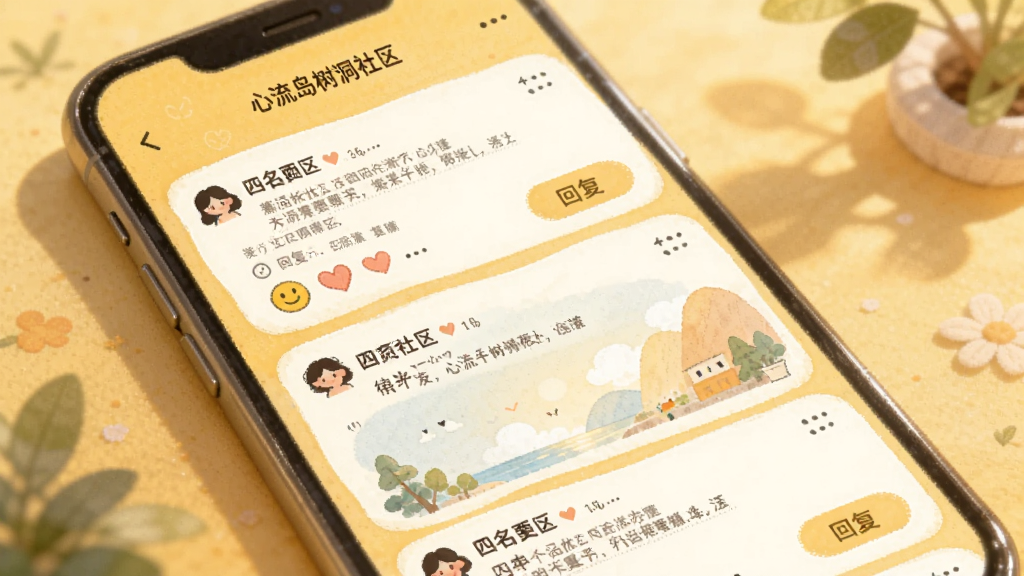 心流岛树洞社区界面预览,主体为手机屏幕显示匿名帖子列表,布局瀑布流,暖黄色背景,排版温馨,插画风格,细节包括心情表情和回复按钮,画质柔和,干净无多余元素
