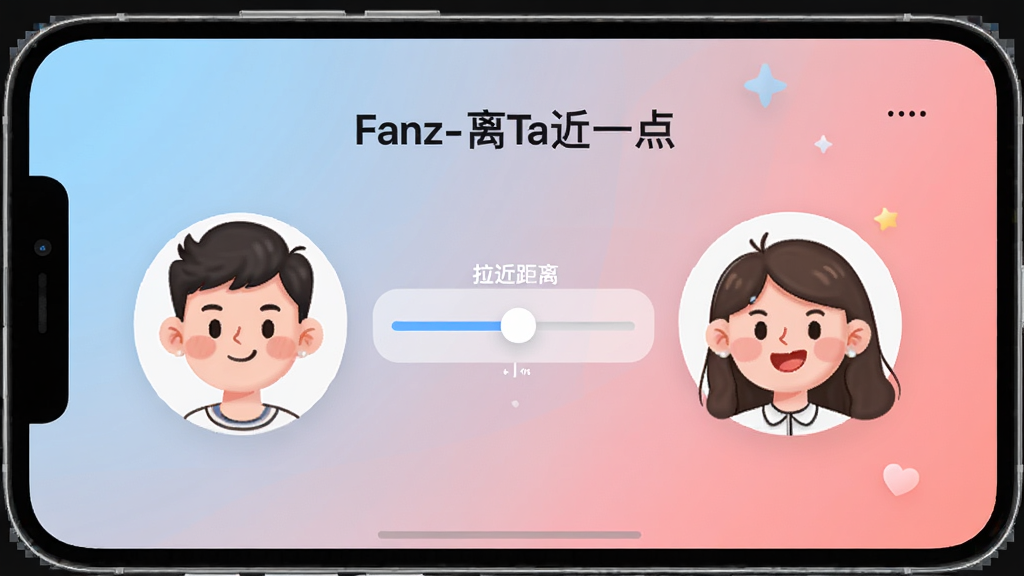 一张展示Fanz-离Ta近一点软件主界面的概念图,画面中央是两个卡通人物头像,中间有一个可调节的距离滑块,背景是温馨的渐变色,从浅蓝过渡到粉红,整体风格简洁明快,UI设计现代,突出“拉近距离”的核心主题,画质高清,干净无多余元素
