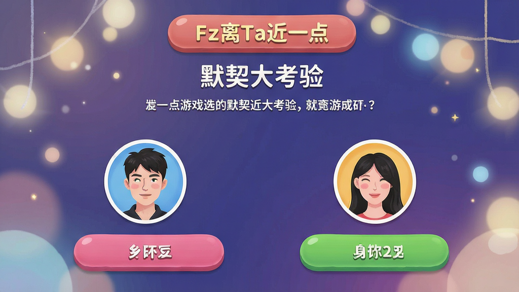 一张Fanz-离Ta近一点软件的游戏界面截图,画面展示了“默契大考验”游戏,屏幕上出现一个题目,双方头像下方各有选项按钮,界面设计色彩丰富,按钮圆润,背景有柔和的装饰光斑,整体氛围轻松愉快,画质清晰,无多余元素