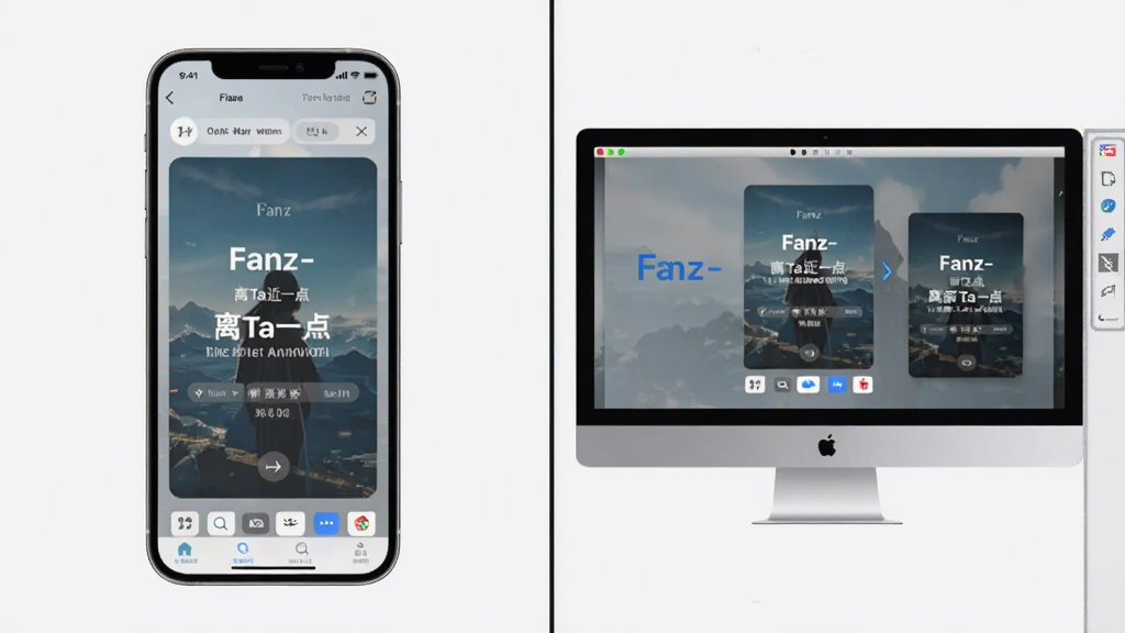 一张Fanz-离Ta近一点软件在手机和电脑上运行的双屏预览图,左侧是手机界面,右侧是模拟器界面,画面展示了软件在两种设备上的适配效果,构图清晰,风格现代,画质细腻,无多余元素