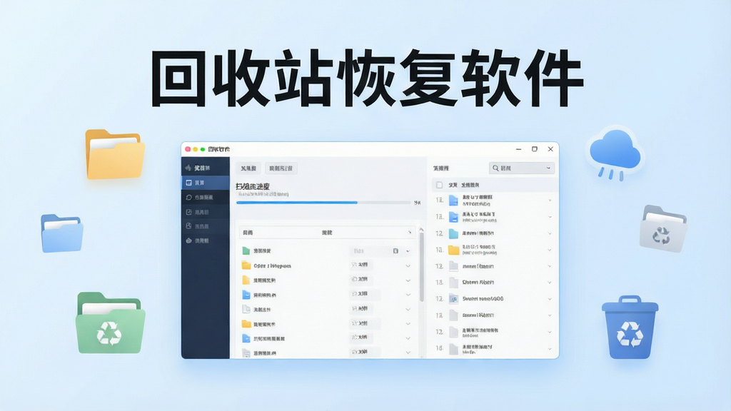 一幅现代简约风格的产品主视觉图,画面中央是软件主界面截图,界面显示扫描进度条和文件列表,背景为淡蓝色渐变,配以文件夹和回收站图标元素,整体干净明亮,突出“回收站恢复软件”名称,画质清晰,无多余元素