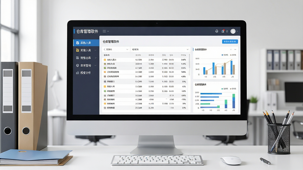主体:仓库管理软件在电脑屏幕上的主界面展示,左侧导航栏显示“采购入库、销售出库、库存查询、报表分析”等模块,中间是清晰的库存数据表格和图表看板。布局:电脑屏幕居中,界面整洁,周围有办公桌、文件夹等元素。排版:界面层次分明,数据可视化。风格:现代简约,商务科技感。细节:屏幕中显示“仓库管理软件”字样,数据图表清晰。画质:高清,干净,无多余元素。