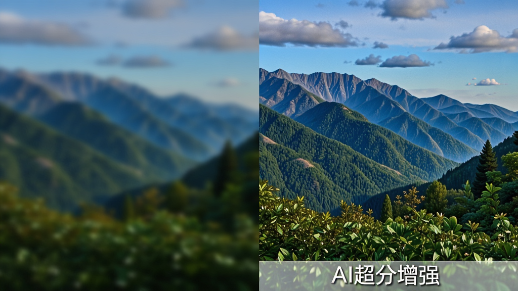 一张对比图,左侧为模糊的风景照片,右侧为经过闪电图片无损放大软件处理后的同一场景,山峦纹理、树叶细节清晰可见,色彩鲜艳,图片下方有“AI超分增强”字样,风格写实,画质干净,无多余元素