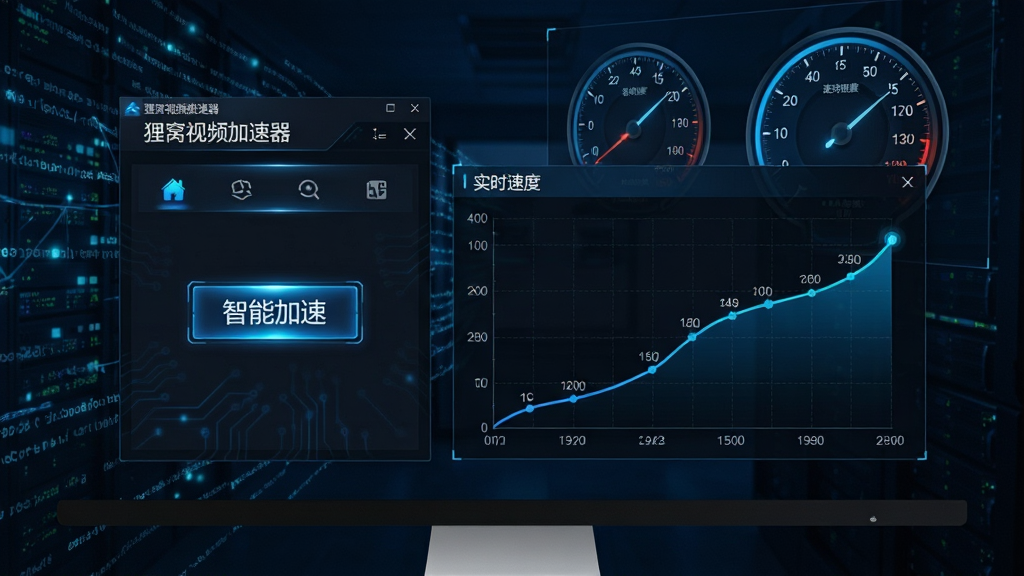 主体:电脑屏幕中显示“狸窝视频加速器”加速引擎界面,背景为网络数据流和速度表盘。布局:左侧为软件控制面板,右侧为实时速度曲线图。排版:数据可视化,图表清晰。风格:深色科技风,蓝色发光线条。细节:面板上有“智能加速”按钮,曲线显示速度提升过程。画质:高清,干净,无多余元素。