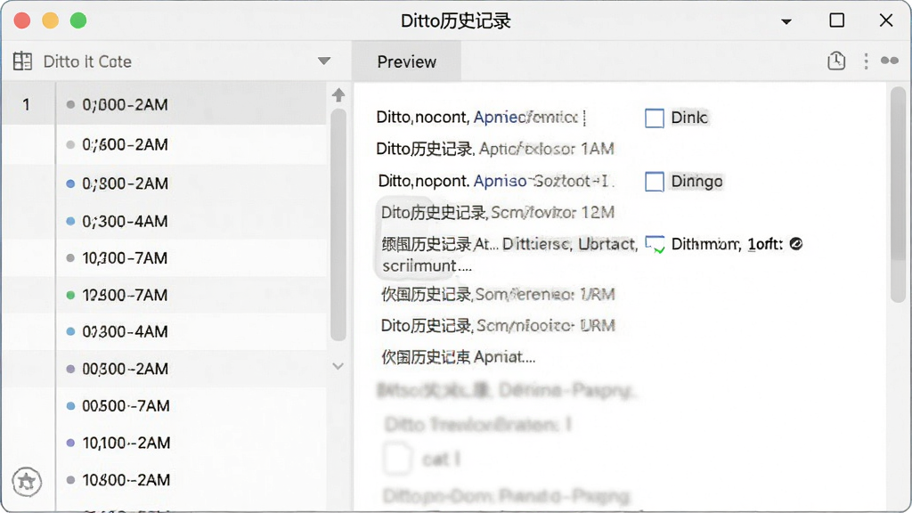 一个剪贴板窗口界面,左侧为时间轴列表,右侧为内容预览面板,界面设计扁平化,色彩简洁,以白色和浅灰色为主,窗口标题栏显示“Ditto历史记录”,整体布局清晰,画质干净,无多余元素