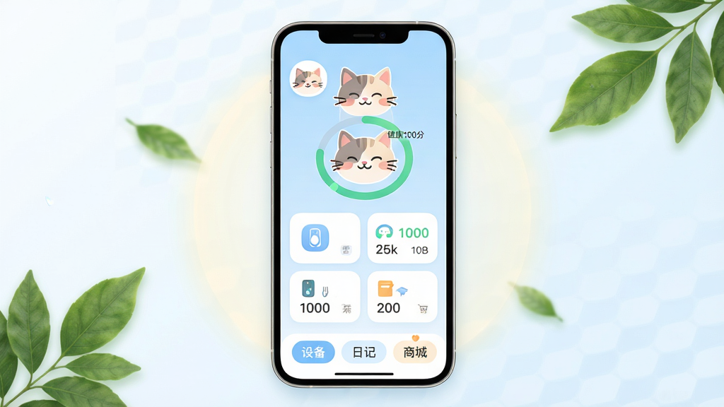 ���壺һ�������ֻ���Ļ��ʾŴѩ����App�����棬���������¼�Լ���Ϸ���ʾһֻ�ɰ���è��ͷ��ͽ������ݻ������֣��ֻ����У���Ļ���������ɼ�����Χ����͵Ĺ��κͼ�Ƭ��Ҷ��׺���Ű棺���沼�ֺ�����ͼ��Բ�����ݿ�Ƭ�������С�����ִ���ƽ����ƣ�ɫ���Ե����Ͱ�ɫΪ������ܰ������ϸ�ڣ���Ļ��è������΢Ц�����ݻ���ʾ������100�֡����ײ��С��豸�������ռǡ������̳ǡ�����ѡ������ʣ������壬�ɾ��޶���Ԫ�ء�