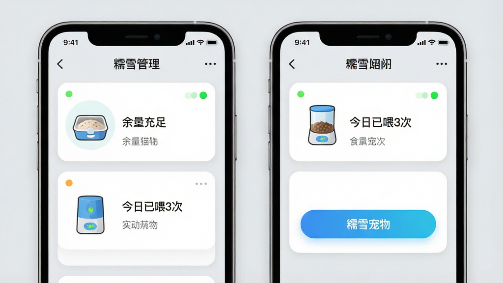 ���壺Ŵѩ����App���豸���������棬��ʾ����èɰ����Զ�ιʳ����ʵʱ״̬��Ƭ�����֣������ֻ�����չʾ�����Ϊèɰ�����ҳ���Ҳ�Ϊιʳ������ҳ���Ű棺��Ƭʽ��ƣ�״ָ̬ʾ����������ť��Ŀ����񣺿Ƽ�������ܰ�н�ϣ�����Ϊǳ��ɫ��ϸ�ڣ�èɰ��ͼ������ʾ���������㡱��ιʳ��ͼ������ʾ��������ι3�Ρ�����������������ע��Ŵѩ��������ʣ����壬�ɾ��޶���Ԫ�ء�
