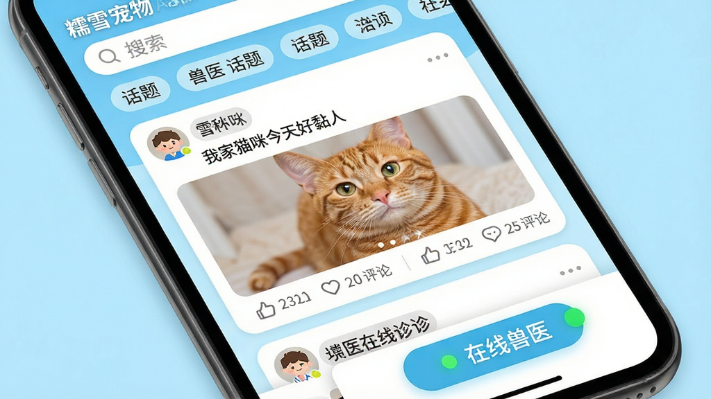 ���壺Ŵѩ����App���������۽��棬չʾ�����û����Ӻ���ҽ����������ڡ����֣��ֻ���Ļ�ϲ���Ϊ�������ͻ����ǩ���м�Ϊ�����ٲ������ײ�Ϊ����������ť���Ű棺���ӿ�Ƭ�����û�ͷ���ǳơ���ͼ����������������񣺻�������������Ϊǳ��ɫ��ϸ�ڣ���������Ϊ���Ҽ�è��������ˡ�����ͼ��һֻ��è�����ﰴť�ϱ��С�������ҽ������ɫ����Բ�㡣���ʣ��������ɾ��޶���Ԫ�ء�