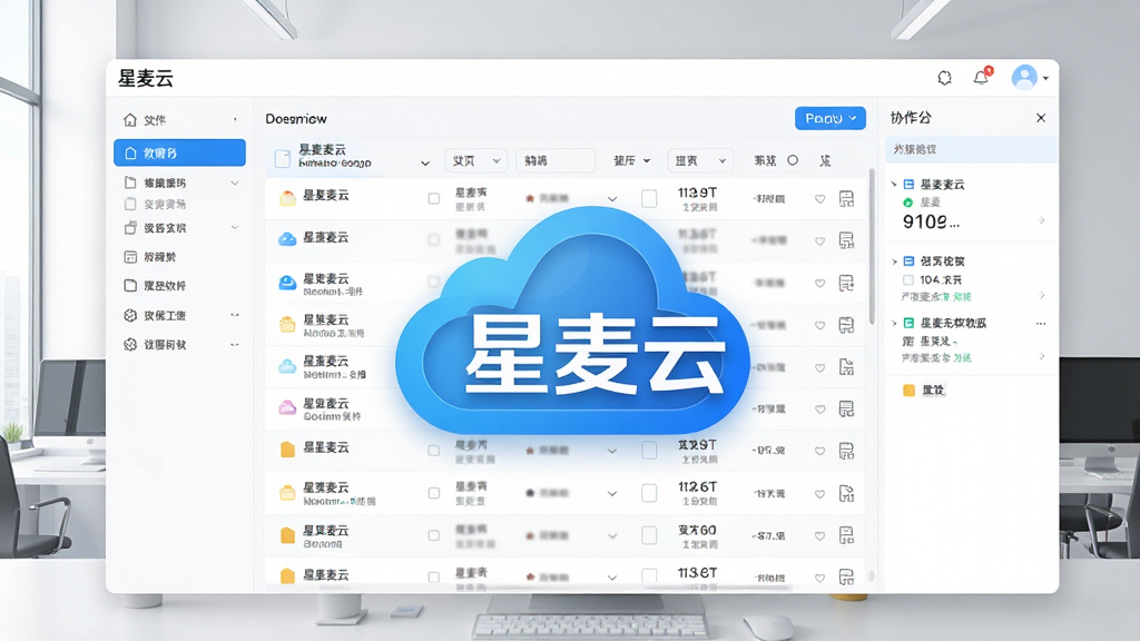 一张展示星麦云软件主界面的高清产品预览图,画面中央为“星麦云”品牌Logo,背景是简洁明亮的云端办公场景,布局包括左侧文件导航栏、中央文件列表以及右侧协作面板,整体风格现代、商务、干净,细节丰富,画质清晰,无多余元素