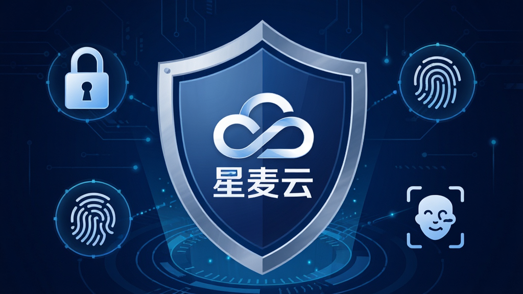 一张星麦云安全防护功能的示意图,画面主体是一个盾牌图标,盾牌中央带有“星麦云”Logo,周围环绕着加密锁、指纹、人脸识别图标,背景为深蓝色科技风,排版居中,风格庄重,细节丰富,画质清晰,无多余元素