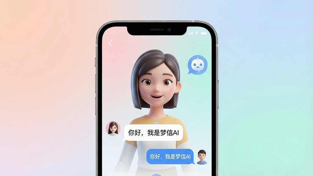 一张展示梦信AI应用主界面的高清宣传图,画面中央是手机屏幕特写,屏幕内显示生动的AI虚拟人物与用户对话气泡,气泡中包含问候语