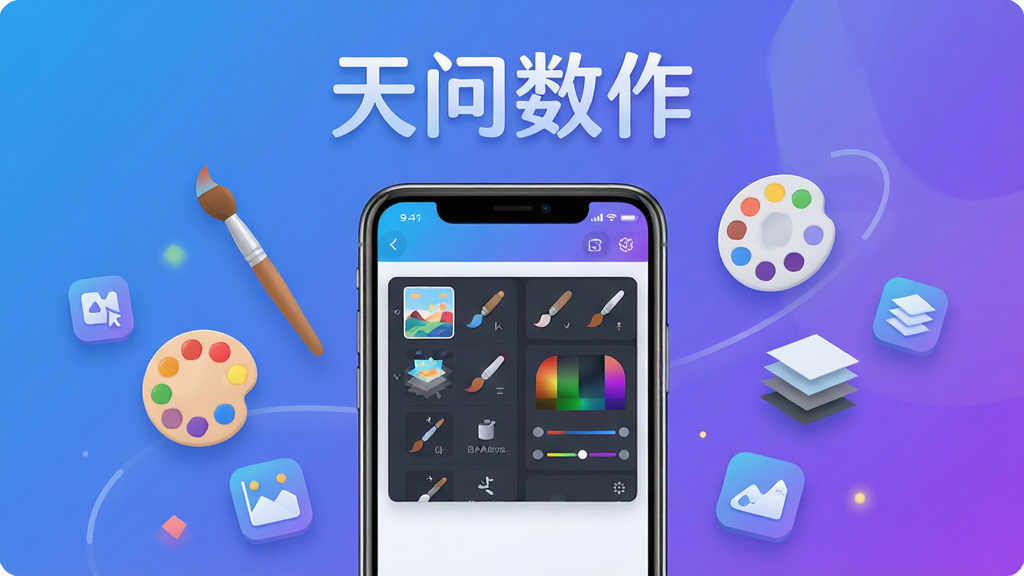 主体:天问数作软件界面展示,手机屏幕中呈现绘画与修图功能面板,周围有画笔、调色盘、图层等元素悬浮。布局:手机居中,功能图标环绕四周,形成视觉焦点。排版:上下结构,上方为软件名称“天问数作”艺术字,下方为操作界面截图。风格:现代扁平化设计,色彩明快,蓝紫渐变主调。细节:屏幕内显示图层、笔刷、色彩调节等工具图标,界面干净整洁。画质:高清渲染,光影柔和,无多余元素。