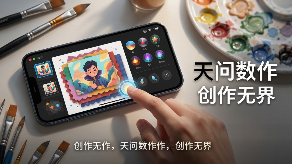 主体:手机横屏操作天问数作,屏幕显示复杂图层与滤镜效果,周围散落画笔和调色板。布局:手机位于画面中央偏左,右侧留白处放置文字“天问数作”与“创作无界”。排版:上下构图,上方为手机,下方为操作提示文字。风格:写实与插画结合,色彩丰富,光影自然。细节:屏幕上有绘画图层缩略图、滤镜图标,用户手指触碰屏幕有微光反馈。画质:极高清晰度,细节丰富,无多余元素。