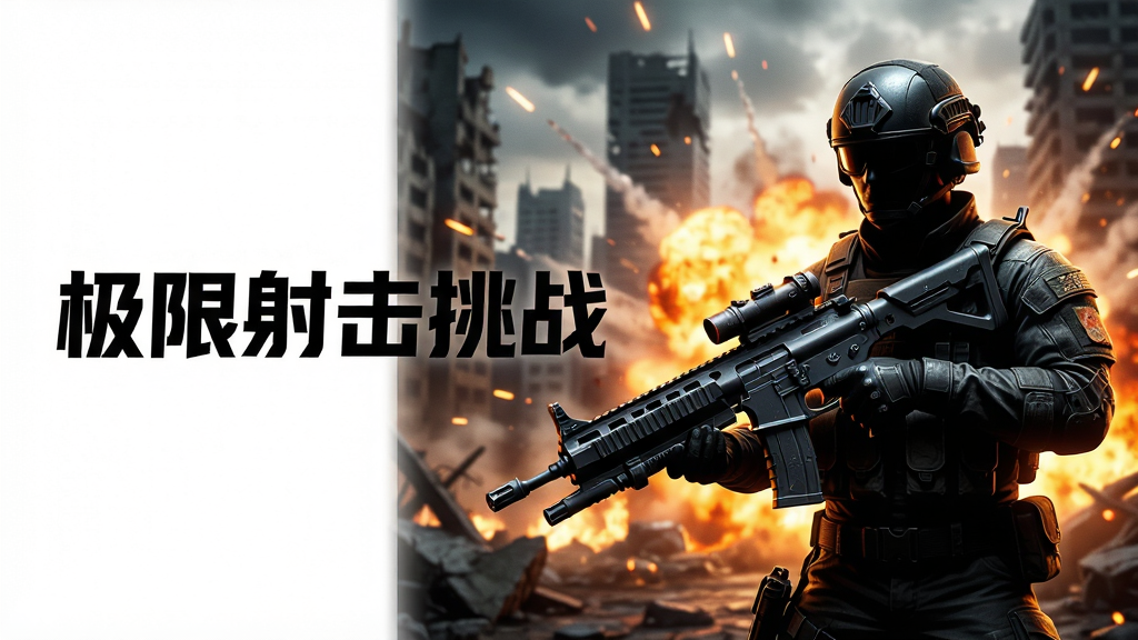 一张《极限射击挑战》游戏宣传主视觉图,画面中央是手持未来科幻风格步枪的精英战士剪影,背景是爆炸与火光交织的现代都市废墟战场,构图采用黄金分割,战士位于右侧三分之一处,左侧留白以突出游戏标志性标题“极限射击挑战”,整体风格写实硬朗,光影对比强烈,色彩浓郁,画质细腻,干净无多余元素。