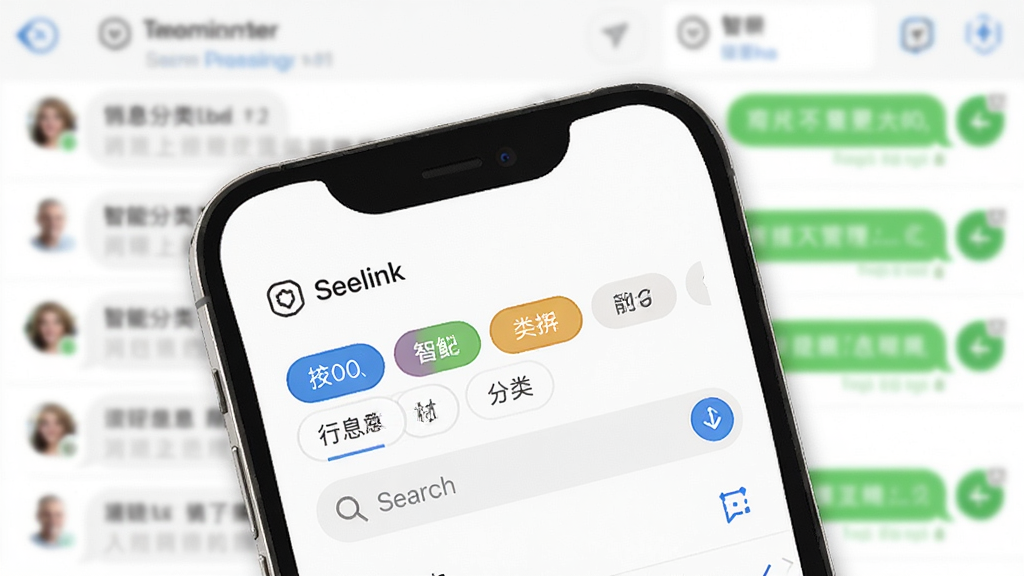 一张展示Seelink智能消息管理功能的界面截图,主体为手机屏幕中显示消息分类标签和搜索框,背景为模糊的聊天列表,布局清晰,风格简洁,白色背景,细节丰富,画质干净,无多余元素