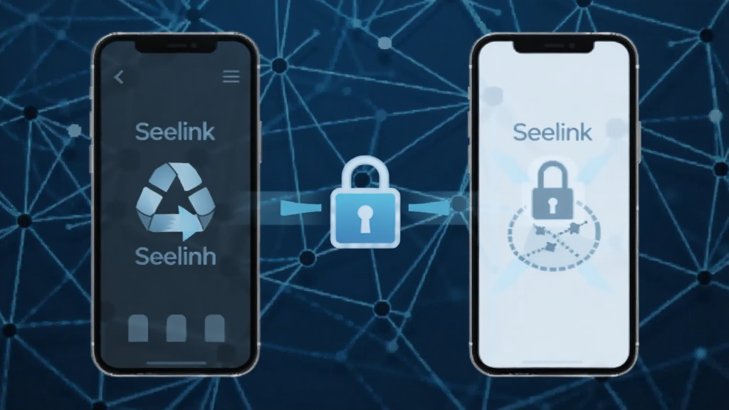 一张展示Seelink加密通信功能的示意图,主体为两部手机之间通过锁形图标连接,背景为数字网络线条,布局对称,风格科技感,蓝色调为主,细节丰富,画质清晰,无多余元素