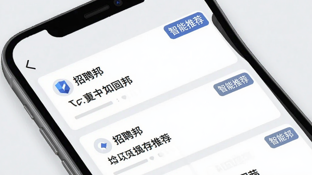 招聘邦智能推荐页面,手机界面展示多个职位卡片,每个卡片有公司名称和职位名称,右上角显示“智能推荐”标签,背景为浅灰色,界面整洁,画质干净,无多余元素