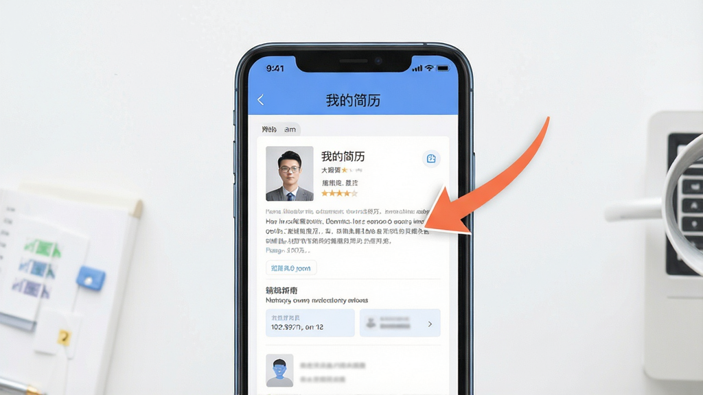 招聘邦使用指南示意图,手机屏幕显示“我的简历”编辑页面,带有提示箭头,背景干净,画质清晰,风格简洁,无多余元素