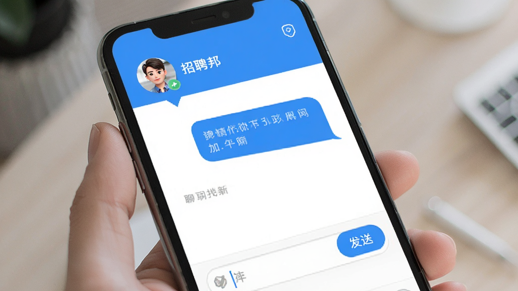 招聘邦聊天界面,手机屏幕显示对话气泡,上方有对方头像和名称,下方输入框有“发送”按钮,整体界面清新,蓝色主题,画质清晰,无多余元素