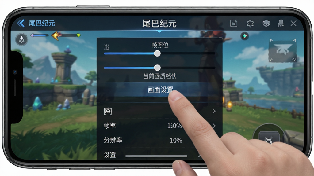 主体为手机横屏游戏画面,展示游戏设置界面,玩家正在点击“画面设置”选项。布局为手机截图样式,界面居中显示。排版上,屏幕上方有“尾巴纪元”的导航栏,下方有“帧率”、“分辨率”等设置选项。风格为写实的屏幕截图风格,UI界面清晰。细节包括设置菜单的滑块、按钮和当前画质档位说明。画质锐利,画面干净,无多余元素。