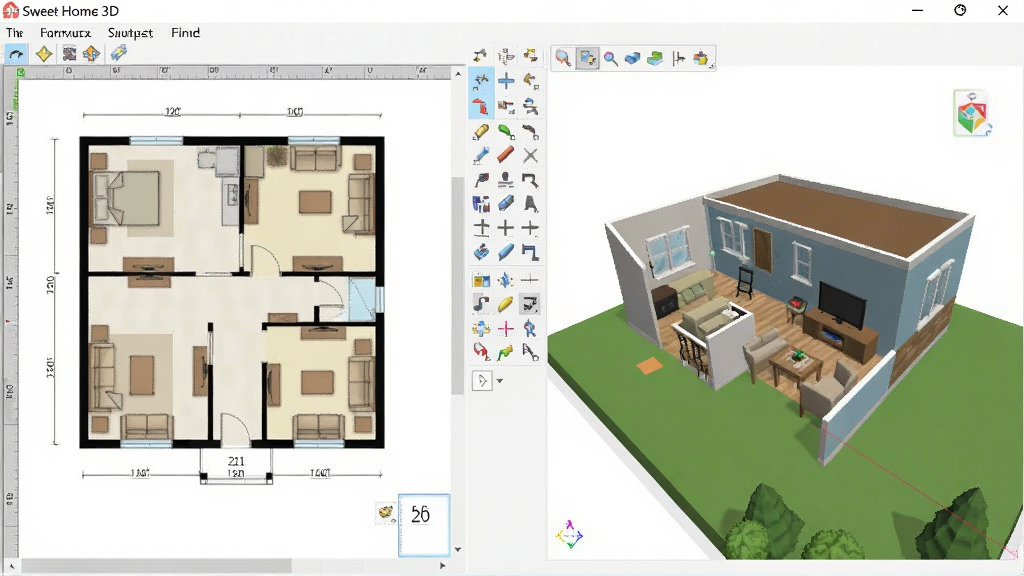 一张展示Sweet Home 3D(家装设计)软件主界面的高清截图,左侧为2D平面图编辑区域,右侧为3D实时预览窗口,中间工具栏清晰可见,整体风格简洁现代,色彩明亮,画质清晰,无多余元素