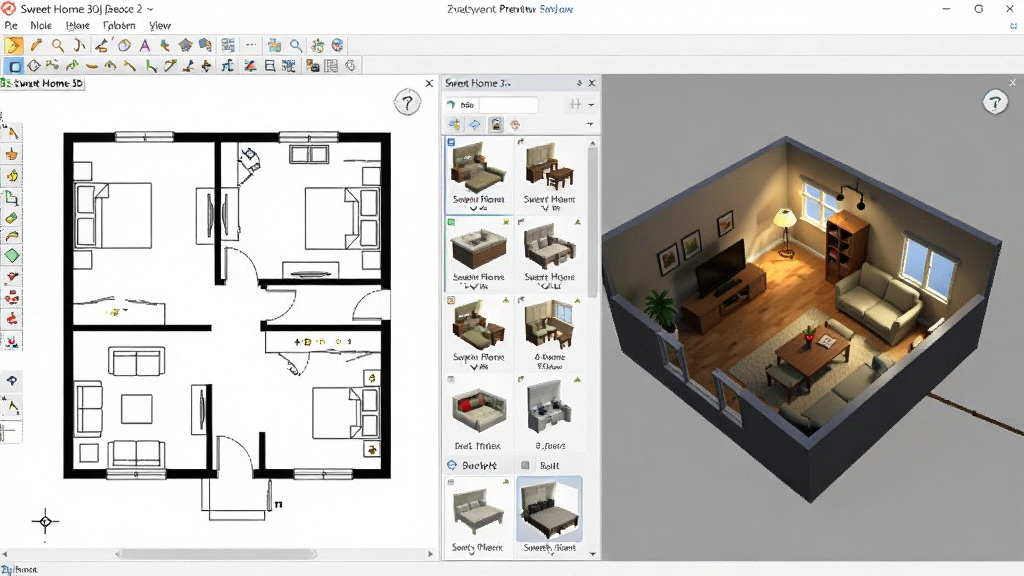 展示Sweet Home 3D(家装设计)软件中2D平面图与3D预览同步联动的界面,左侧为线条清晰的平面布局,右侧为带光影效果的立体房间,中间有家具模型库面板,整体界面整洁,色彩自然,画质细腻
