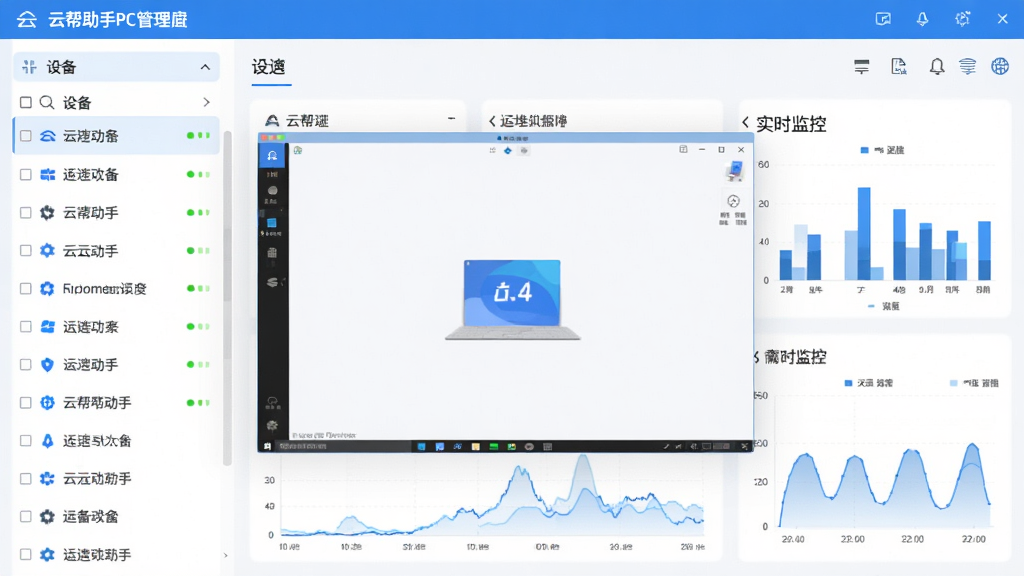 主体为云帮手PC管理端软件主界面,左侧设备列表,右侧实时监控图表,中央为远程桌面预览窗口。布局清晰,现代扁平化风格,蓝白主色调,细节包含连接状态指示灯和工具栏图标。画质高清,干净无多余元素。