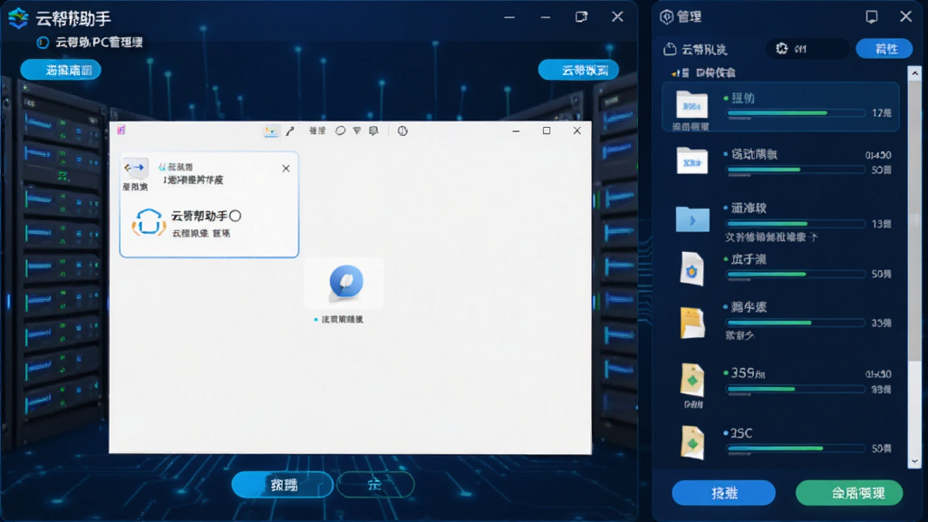 主体为云帮手PC管理端远程桌面连接窗口和文件传输列表。布局左右分栏,左侧远程桌面画面,右侧文件传输队列。风格科技感,深蓝背景配亮色按钮,细节含传输速度和进度条。画质清晰,无多余元素。