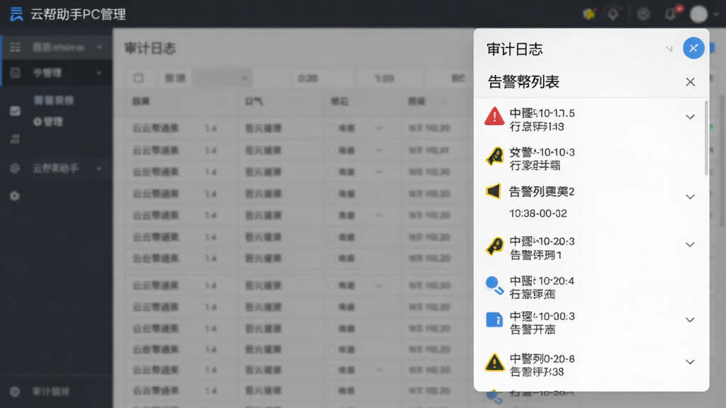 主体为云帮手PC管理端的告警通知面板和审计日志表格。布局右侧弹窗,展示告警列表,背景为模糊的日志表格。风格严谨商务,红黄蓝三色告警图标,细节含时间戳。画质干净,无多余元素。
