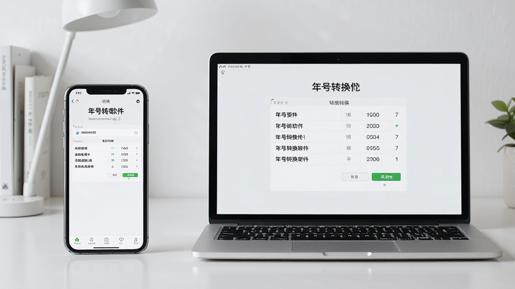 年号转换软件在手机和电脑上使用的对比场景图,主体为左边一部手机,右边一台笔记本电脑,两者屏幕上都清晰显示着年号转换的查询结果页面,背景为简约的书桌环境,布局和谐,排版清晰,风格写实,细节丰富,画质干净,无多余元素