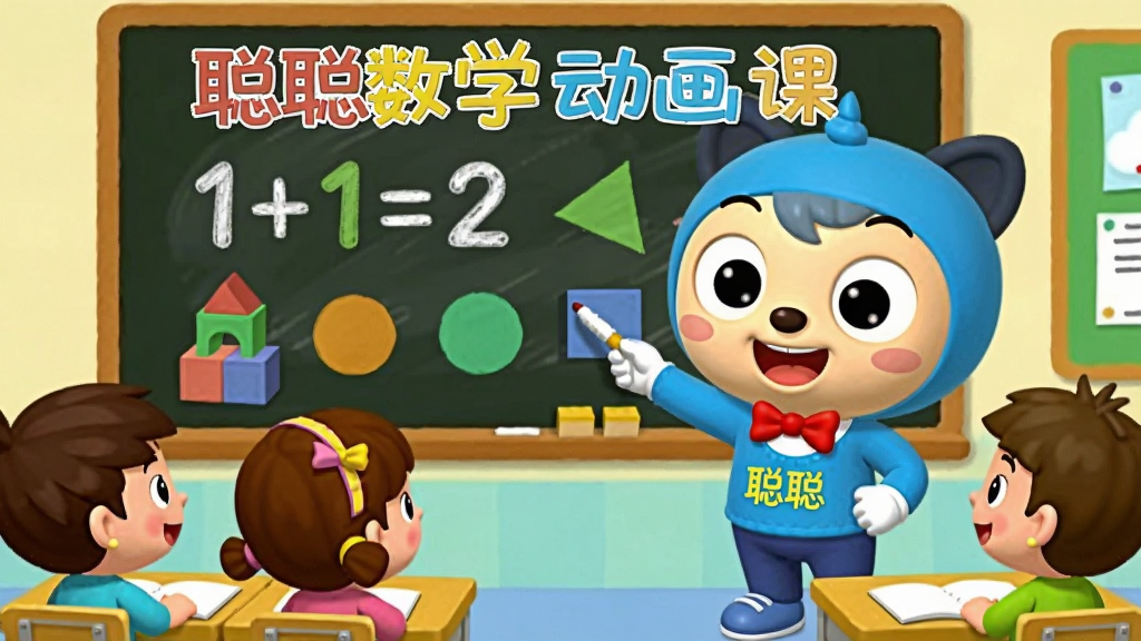 一幅动画教学场景插图,主体是卡通小老师“聪聪”在黑板上画数字和图形,旁边有几个小朋友坐在课桌前认真听讲,布局为横向构图,风格为2D卡通渲染,细节包括黑板上的“1+1=2”和彩色几何积木,画质清晰明亮,色彩活泼,文字标注“聪聪数学动画课”,画质干净无多余元素。