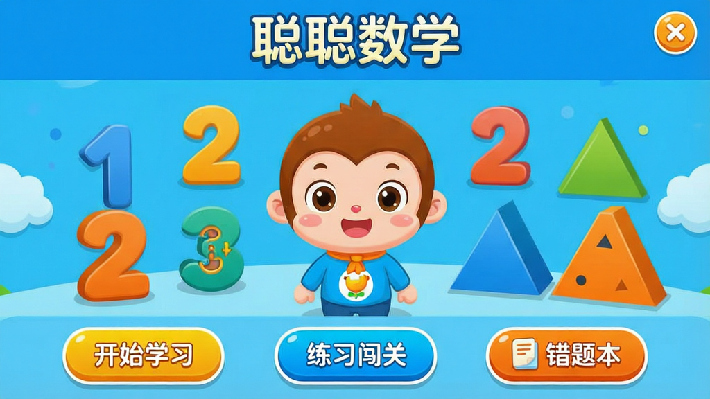一张色彩明亮的儿童数学学习软件主界面截图,主体是可爱的卡通角色“聪聪”站在数字与几何图形构成的场景中央,界面布局清晰,包含“开始学习”“练习闯关”“错题本”等按钮,整体风格卡通可爱,色彩鲜艳以蓝色和橙色为主,画质干净无多余元素,突出“聪聪数学”品牌名称,文字标注“聪聪数学”,画质高清,无多余元素。