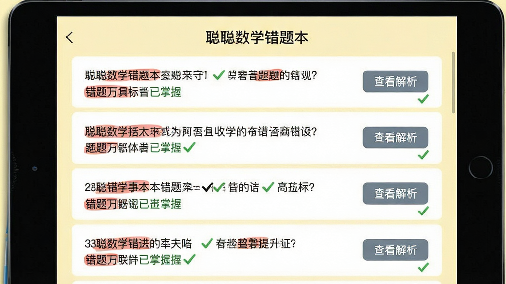 一张错题本功能界面截图,主体是平板电脑上显示的错题列表,每道题旁边有“查看解析”按钮,布局为上下结构,风格简约清晰,细节包括红色标记的错题和绿色对勾的已掌握题目,背景为淡黄色,文字标注“聪聪数学错题本”,画质干净无多余元素。