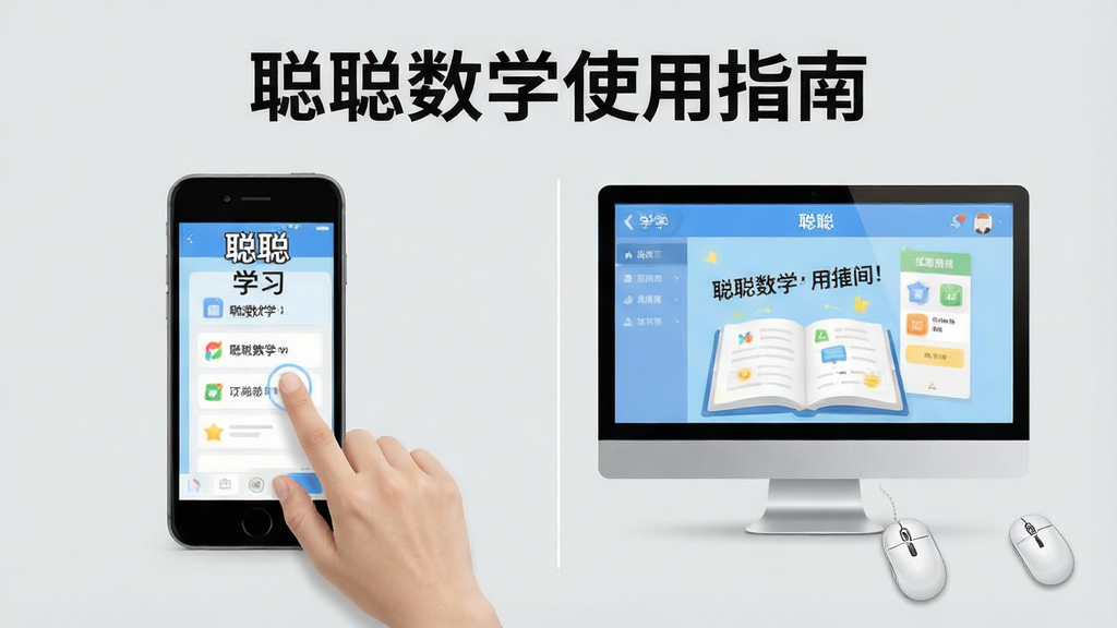 一张使用指南示意图,主体是手机和电脑并排摆放,屏幕中显示聪聪数学的学习界面,布局为左右对比,风格简约写实,细节包括手指点击屏幕和鼠标操作,背景为浅灰色,文字标注“聪聪数学使用指南”,画质干净无多余元素。