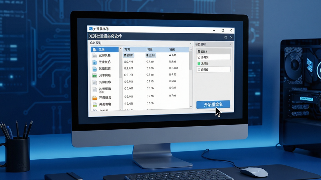 高清数字艺术风格渲染,画面主体为现代化桌面电脑显示器,屏幕界面展示“光速批量重命名软件”主操作窗口,窗口内清晰列出多个文件列表与命名规则预览,背景为整洁的深蓝色科技感工作台,布局饱满,排版疏朗,风格极简商务,细节包括鼠标光标悬停在“开始重命名”按钮上,画质细腻,干净,无多余元素