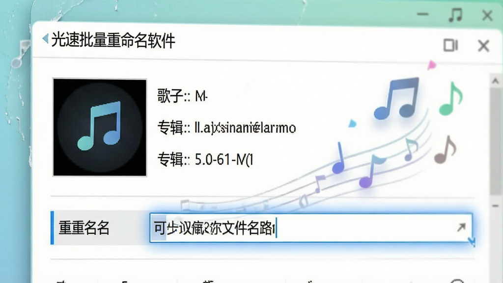音乐文件重命名界面特写,画面主体为“光速批量重命名软件”操作面板,面板上展示了一首歌曲的详细信息,包括歌手、专辑名,并高亮显示可重命名的文件名编辑框,布局简洁,排版清晰,风格清新,细节有音乐音符图标浮动,画质干净,无多余元素