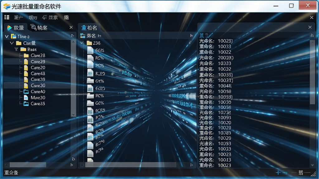 超高速动态效果图,画面主体为电脑软件操作界面,界面名称显示“光速批量重命名软件”,背景有数字光束快速划过文件列表,布局动态感强,排版采用左右分栏,左侧为文件树,右侧为飞速滚动的重命名日志,风格科技感十足,细节强调速度线与清晰的文件名,画质高清,干净,无多余元素