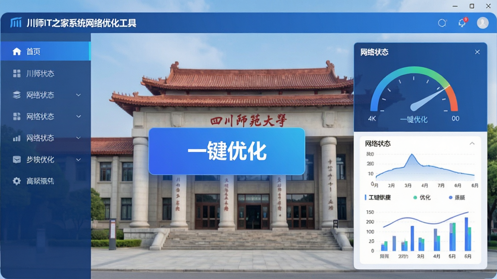 主体:软件主界面展示,背景为四川师范大学标志性建筑。布局:左侧为功能导航栏,右侧为网络状态仪表盘,中心位置显示“一键优化”大按钮。排版:信息层级分明,数据可视化图表清晰。风格:现代简约科技风,蓝色渐变主色调,扁平化设计。细节:界面上的文字标签为“川师IT之家系统网络优化工具”、“网络状态”、“一键优化”。画质:4K高清渲染,画面干净,无多余元素。