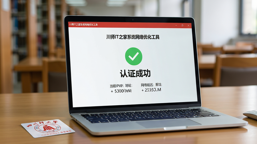 主体:笔记本电脑屏幕显示川师IT之家系统网络优化工具的认证成功界面。布局:屏幕居中显示绿色对勾和“认证成功”字样,下方显示当前IP地址和网络延迟数据。排版:简洁明了,重点信息突出。风格:写实风格,屏幕光线柔和,环境为图书馆桌面。细节:键盘旁放有四川师范大学学生证,屏幕上文字为“川师IT之家系统网络优化工具”、“认证成功”。画质:高清细腻,画面干净,无多余元素。