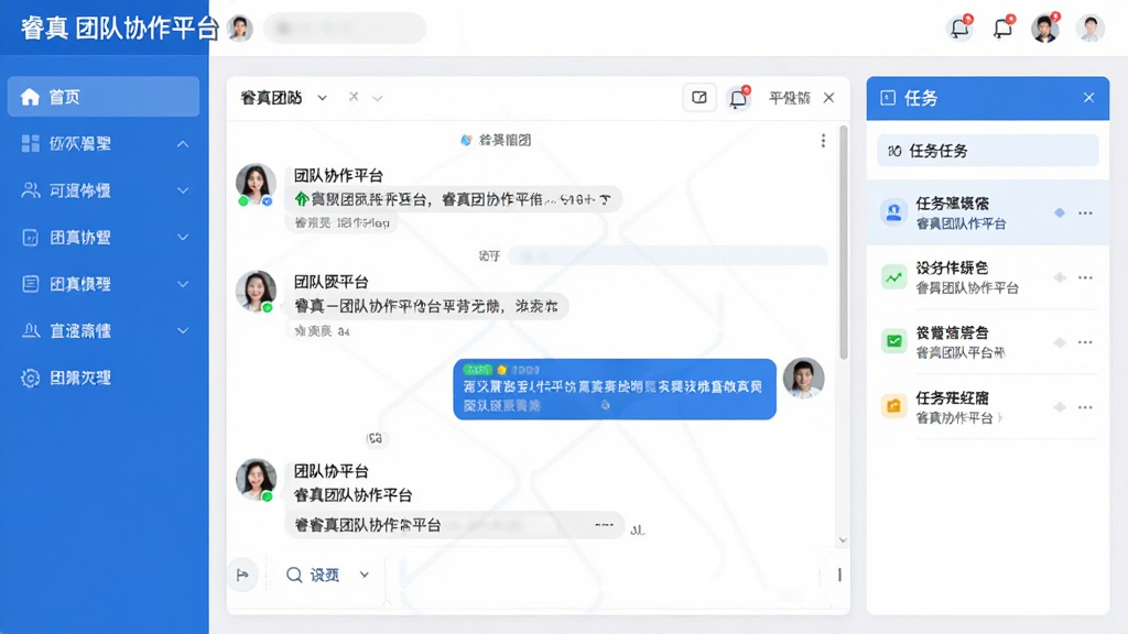 睿真团队协作平台主界面截图,展示左侧导航栏、中央聊天窗口和右侧任务面板,整体风格简洁现代,蓝白配色,界面布局清晰,文字标注“睿真 团队协作平台”,高清画质,细节丰富,无多余元素