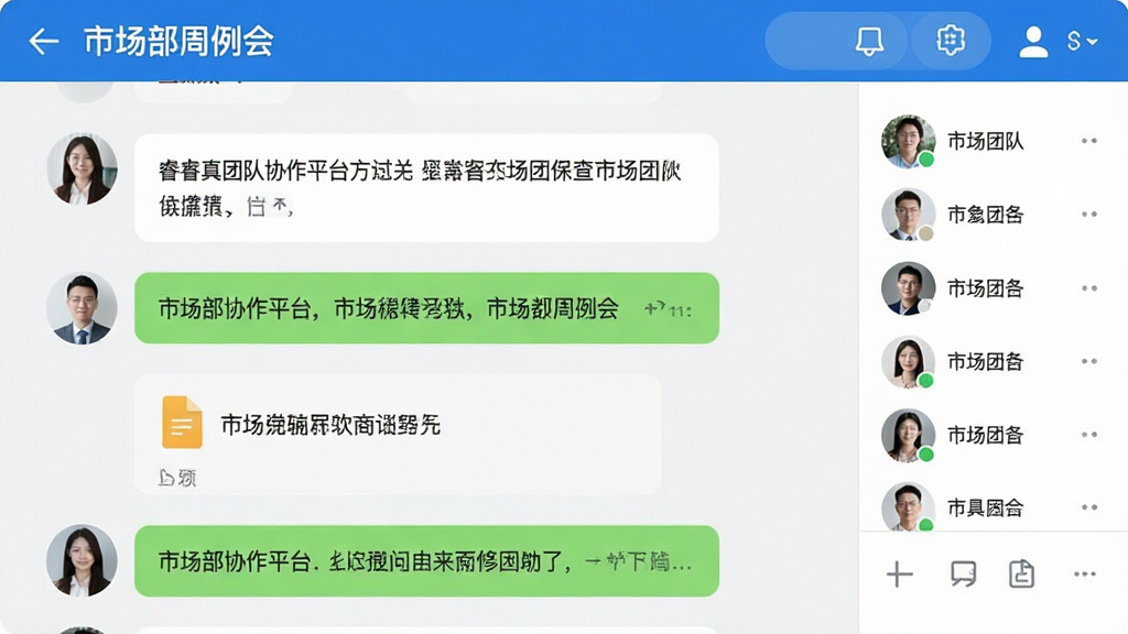 睿真团队协作平台聊天界面,展示多人群组对话,气泡式消息布局,包含文字和文件附件,顶部显示群名称“市场部周例会”,右侧成员列表头像,界面干净明亮,画质清晰,无多余元素