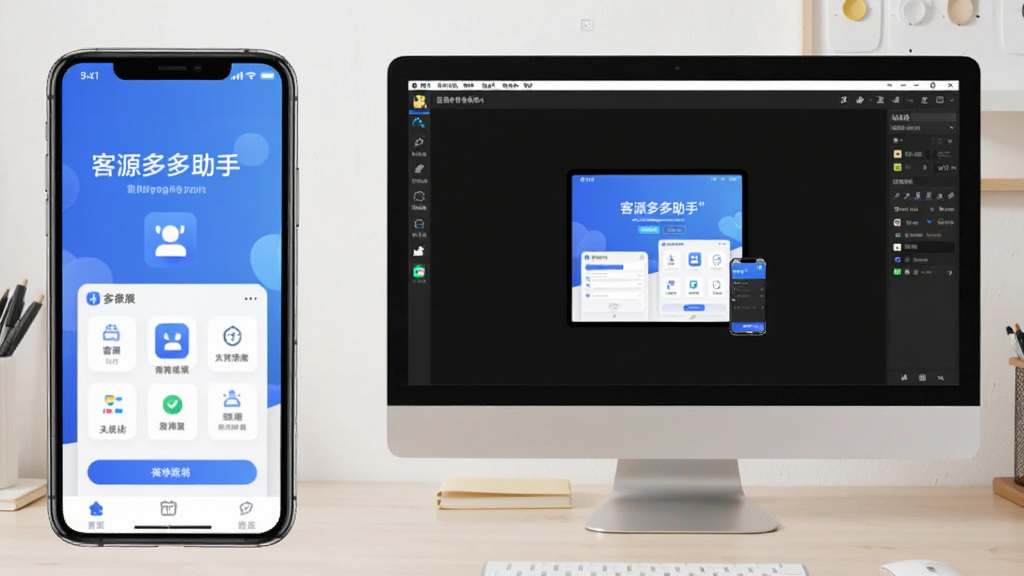 手机与电脑并排展示的示意图,手机屏幕显示“客源多多助手”主界面,电脑屏幕显示模拟器运行界面,背景为浅色工作台,风格写实,画质干净,无多余元素