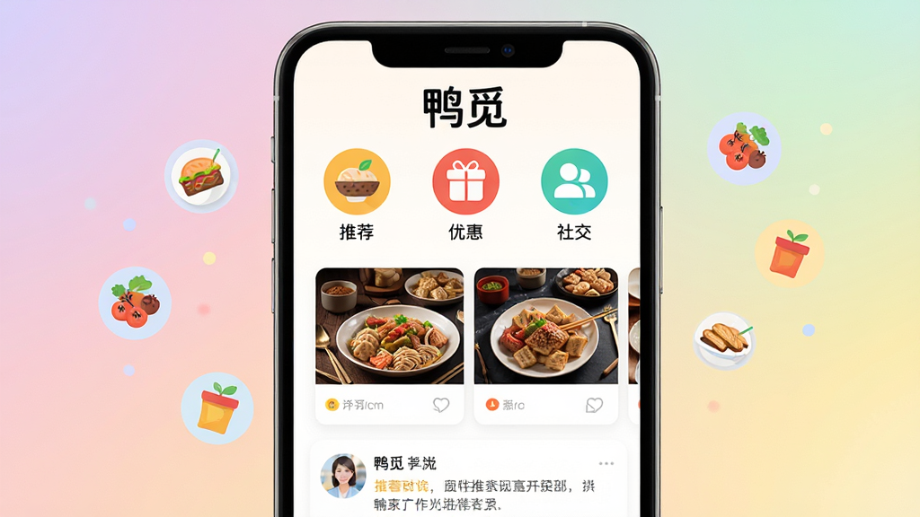 主体:手机屏幕展示鸭觅APP主界面,界面顶部显示“鸭觅”字样,下方排列美食、优惠、社交等图标。布局:居中构图,手机位于画面中央,背景为柔和的渐变色。排版:界面图标清晰,文字标签醒目。风格:现代扁平化,色彩明快。细节:手机屏幕内显示推荐餐厅卡片和用户评论,周围有漂浮的 Food 图标。画质:高清,干净,无多余元素。
