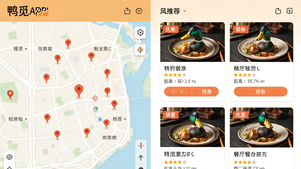 主体:鸭觅APP的智能推荐页面,展示附近餐厅列表和优惠标签。布局:左右分栏,左侧为地图,右侧为推荐卡片。排版:卡片式布局,信息层级分明。风格:清新自然,色彩以暖色为主。细节:每张卡片显示餐厅名称、评分、距离和“领券”按钮,地图上有红色标记点。画质:高清,干净,无多余元素。